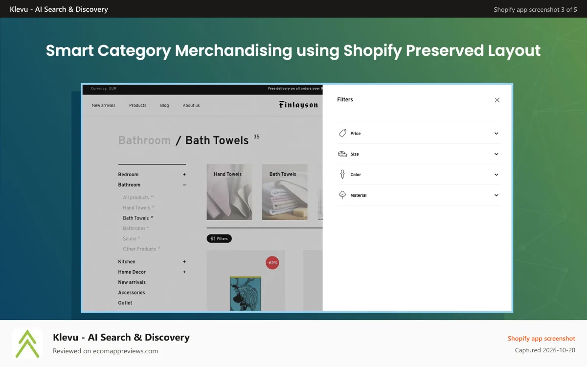 Klevu ‑ AI Search & Discovery Shopify app screenshot: smart category merchandising to power search