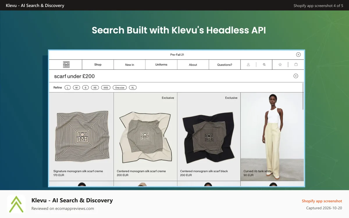 Klevu ‑ AI Search & Discovery Shopify app screenshot: Search built with custom storefronts compatible API