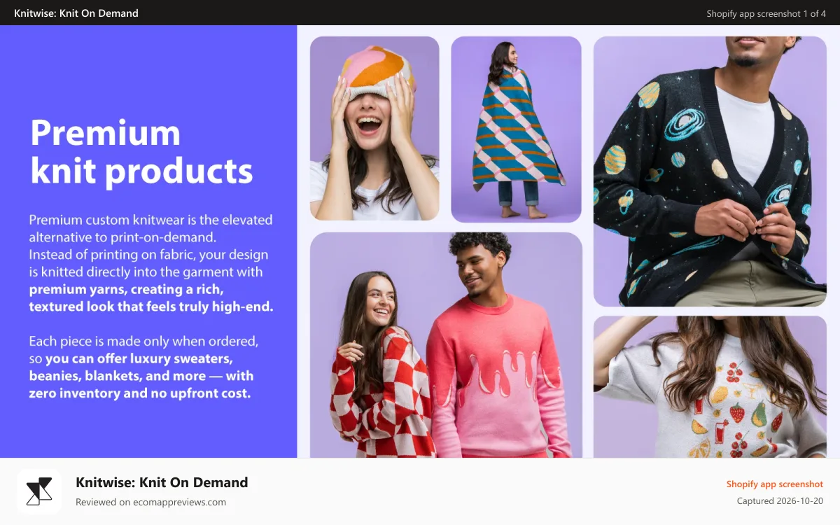 Knitwise: Knit On Demand Shopify app screenshot: Premium custom knitwear catalog with wide product selection