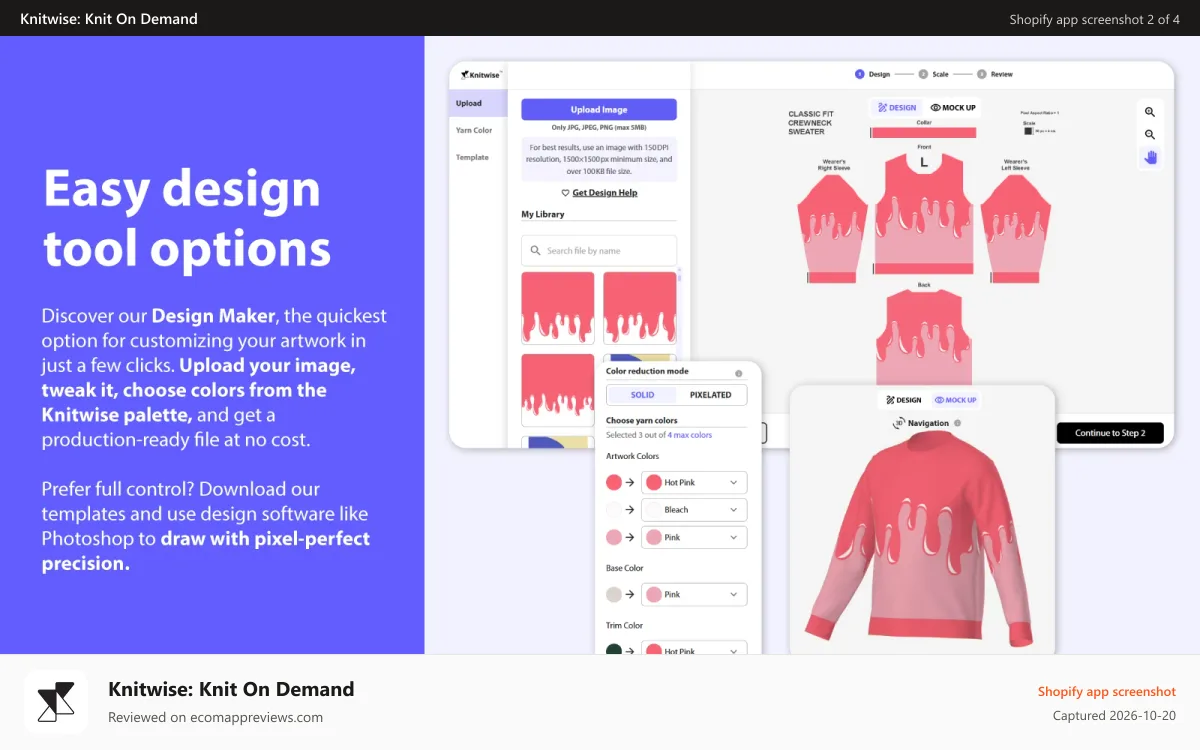 Knitwise: Knit On Demand Shopify app screenshot: Easy design tool with instant 3D mockups and previews