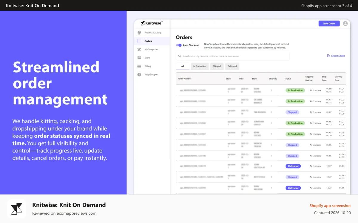 Knitwise: Knit On Demand Shopify app screenshot: Streamlined order management for tracking and fulfillment