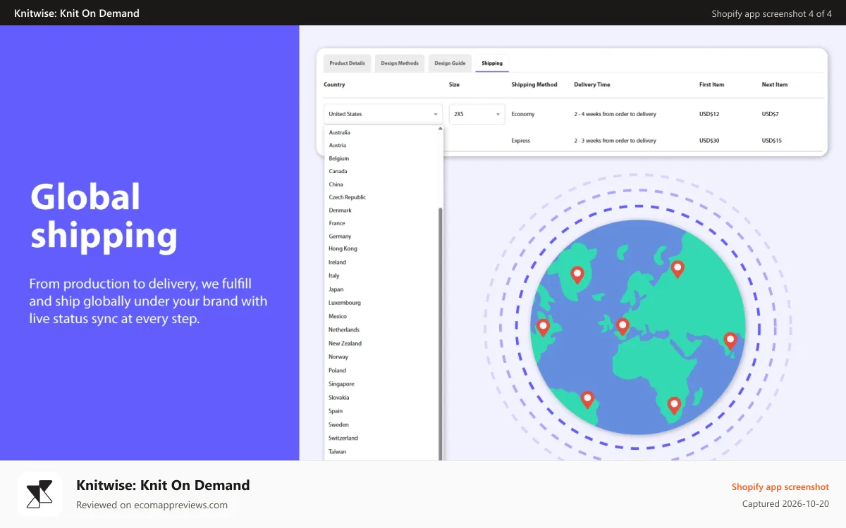 Knitwise: Knit On Demand Shopify app screenshot: Global shipping and fulfillment for worldwide delivery