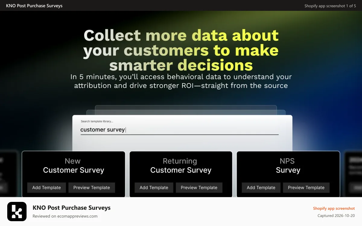 KNO Post Purchase Surveys Shopify app screenshot: Surveys with targeting audience, templates, and benchmarking