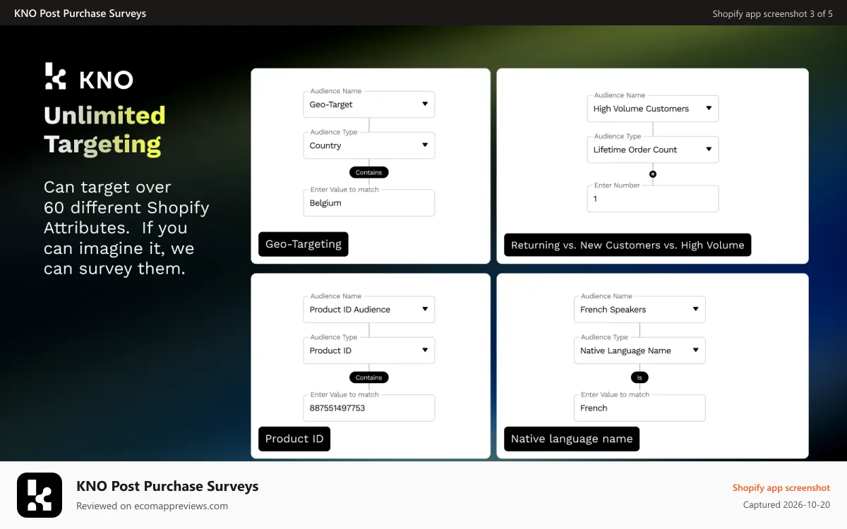KNO Post Purchase Surveys Shopify app screenshot: Target over 60 different Shopify Attributes.