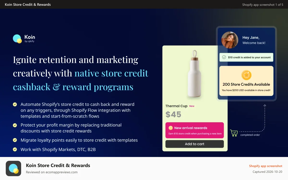 Koin Store Credit & Rewards Shopify app screenshot: Cashback and reward with Shopify store credit to boost retention