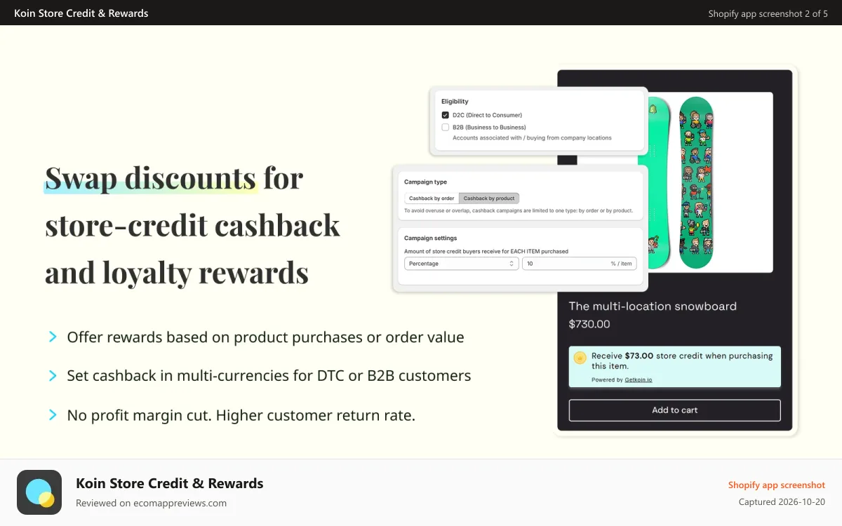 Koin Store Credit & Rewards Shopify app screenshot: Customize cashback offers by order value or product