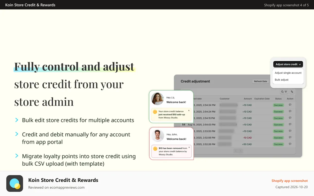 Koin Store Credit & Rewards Shopify app screenshot: Bulk or single edit store credit (credit or debit)