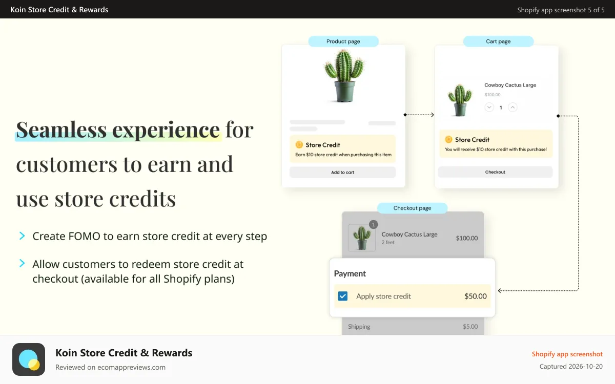 Koin Store Credit & Rewards Shopify app screenshot: Seamless store credits redemption directly at checkout