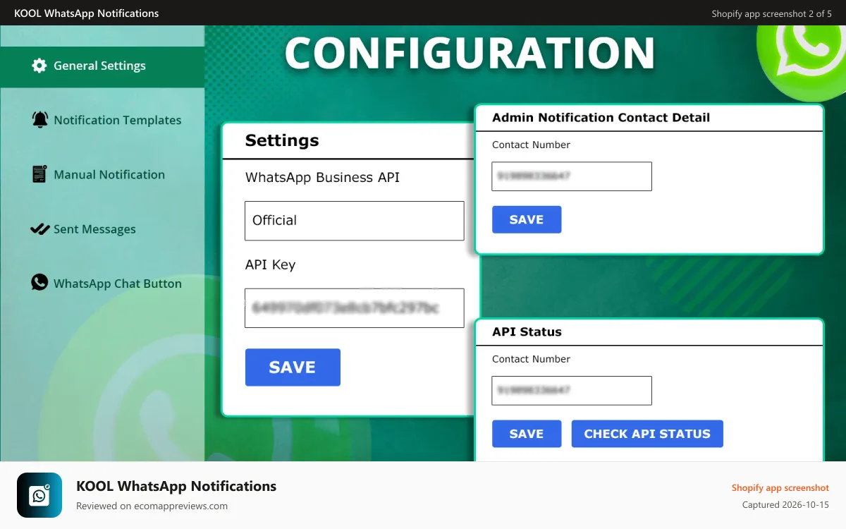 KOOL WhatsApp Notifications Shopify app screenshot: WhatsApp Notifications API Configuration