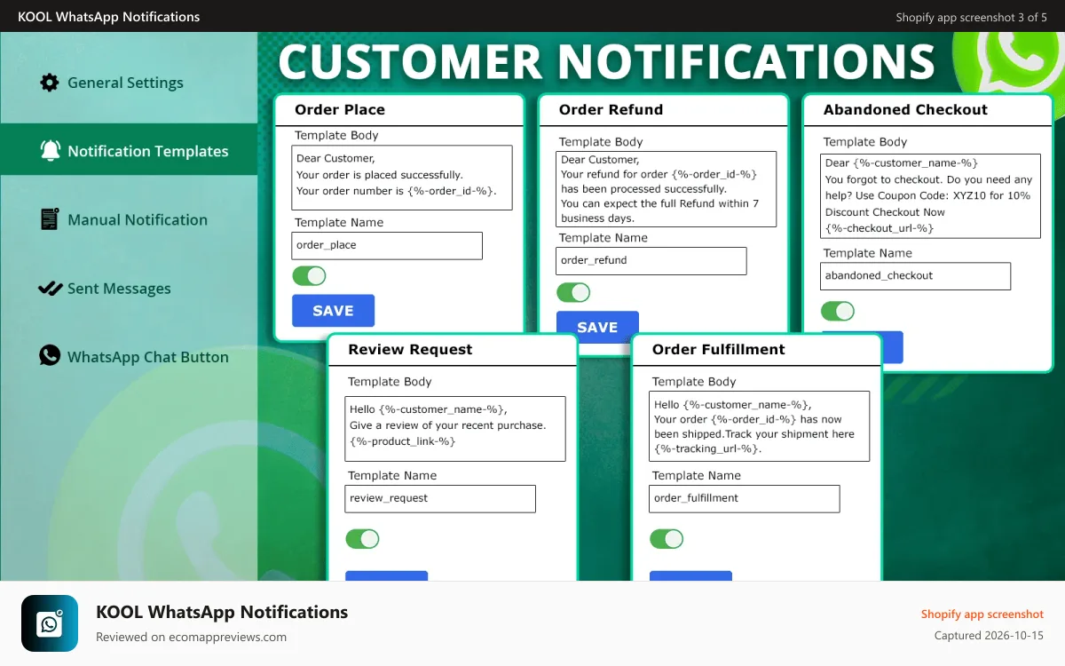 KOOL WhatsApp Notifications Shopify app screenshot: 2.1 - Customized WhatsApp Notification Templates for Customers