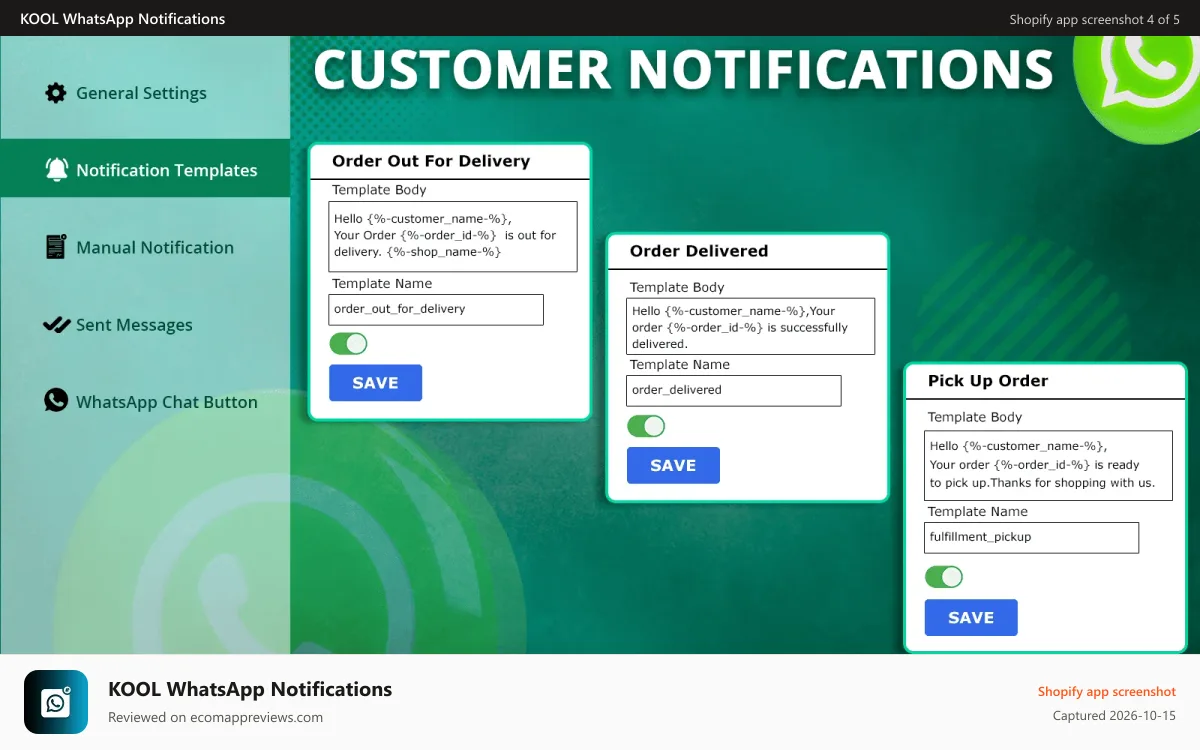 KOOL WhatsApp Notifications Shopify app screenshot: 2.2 - Customized WhatsApp Notification Templates for Customers