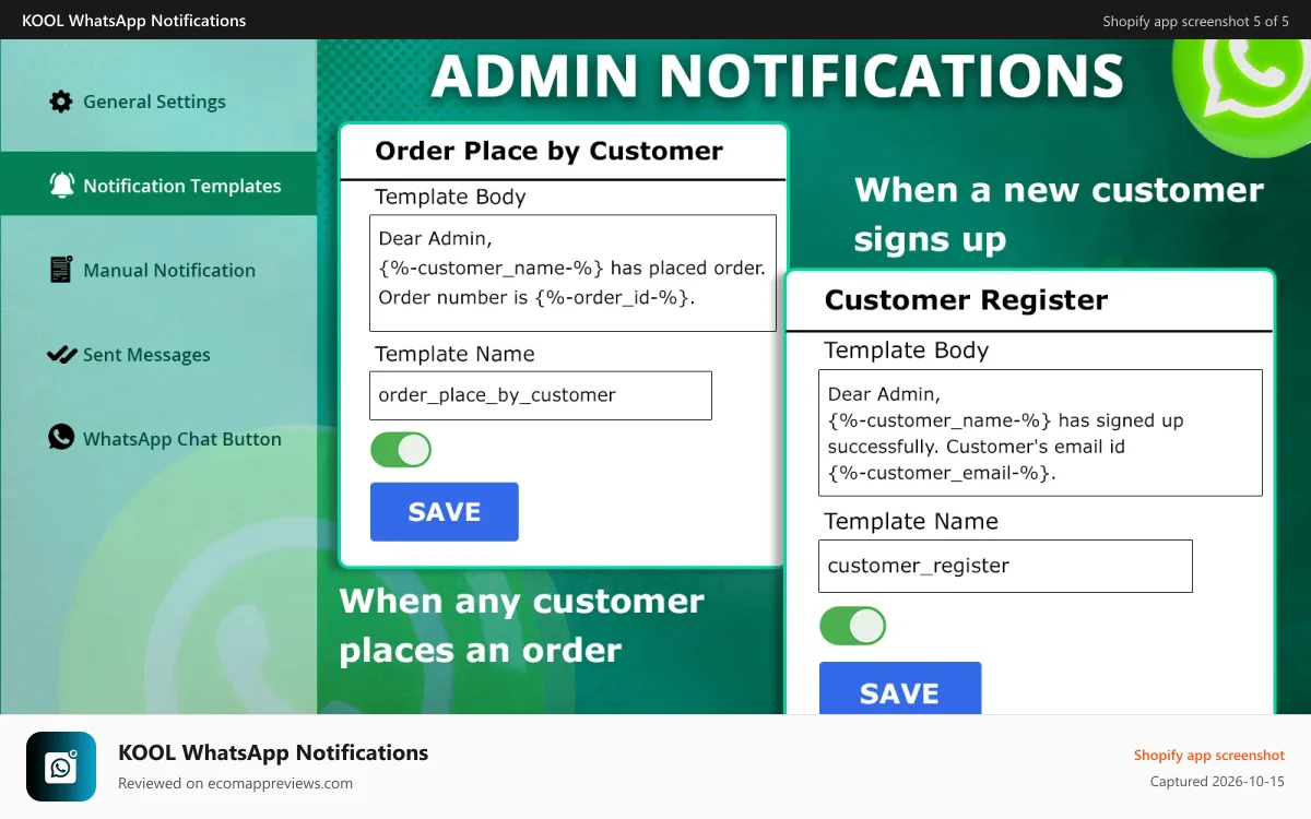 KOOL WhatsApp Notifications Shopify app screenshot: 3 - Customized WhatsApp Notification Templates for Admin