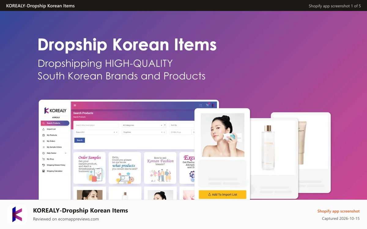 KOREALY‑Dropship Korean Items Shopify app screenshot: Intro