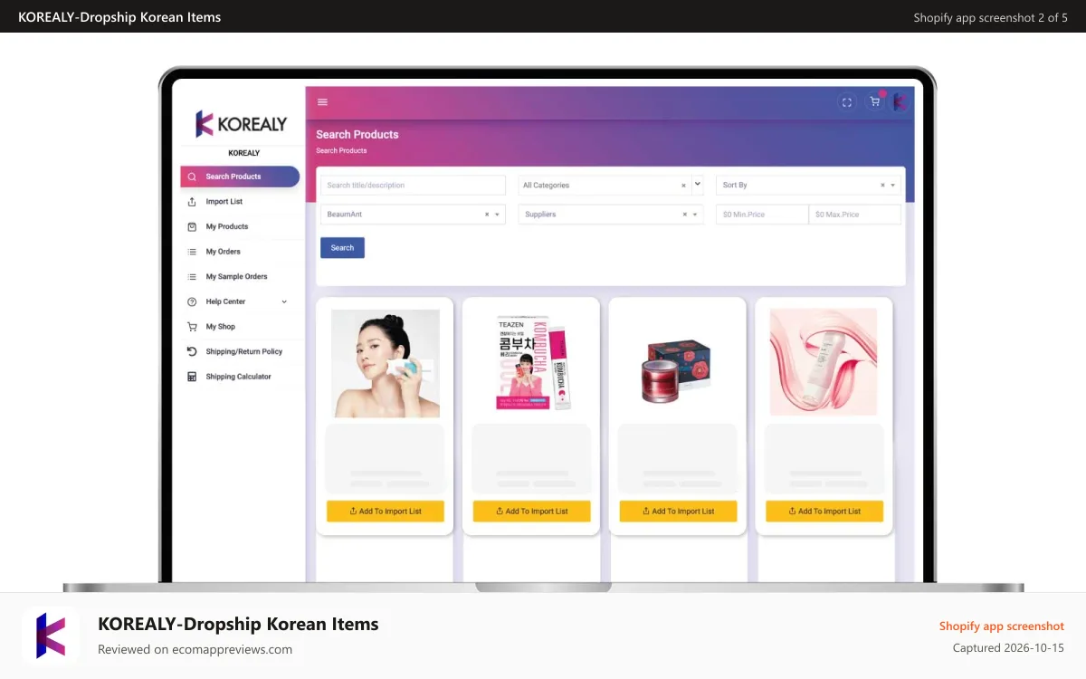 KOREALY‑Dropship Korean Items Shopify app screenshot: App Dashboard