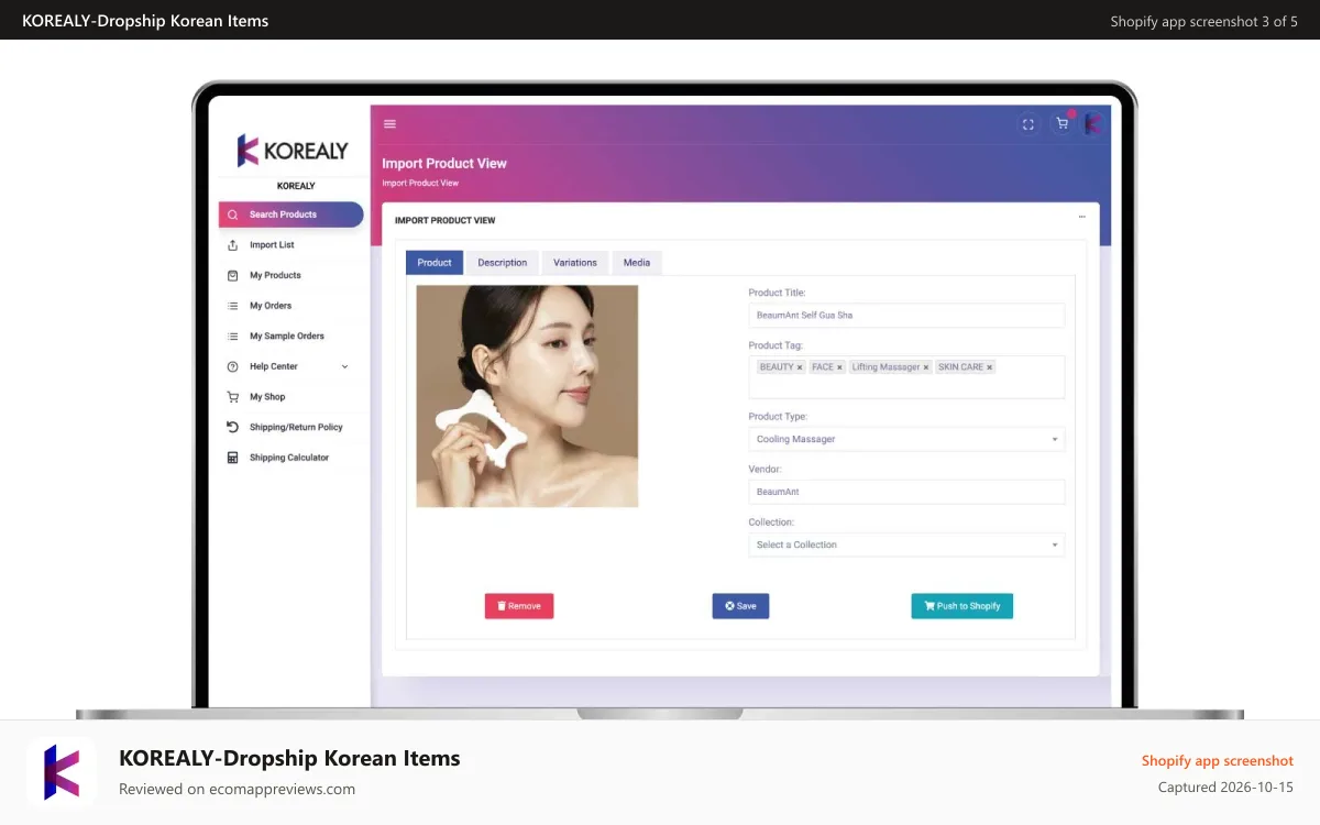 KOREALY‑Dropship Korean Items Shopify app screenshot: Single Import Product