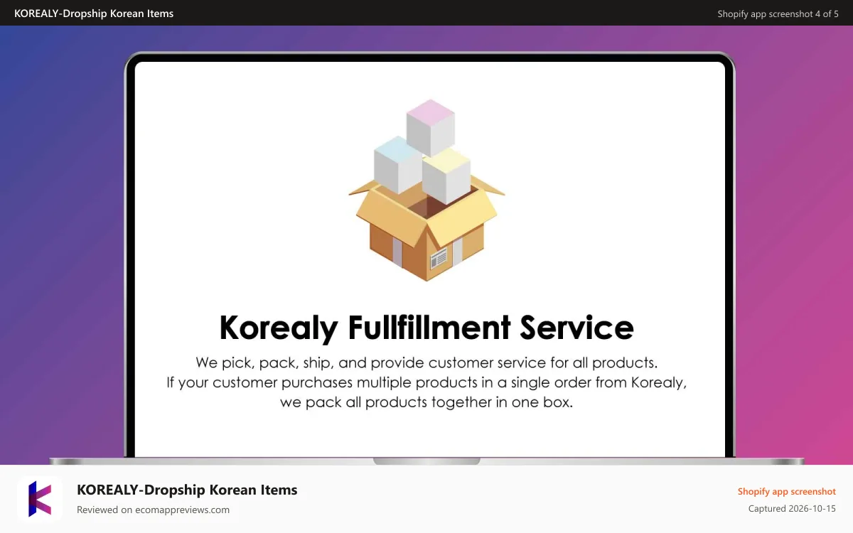 KOREALY‑Dropship Korean Items Shopify app screenshot: Korealy Fullfillment Service