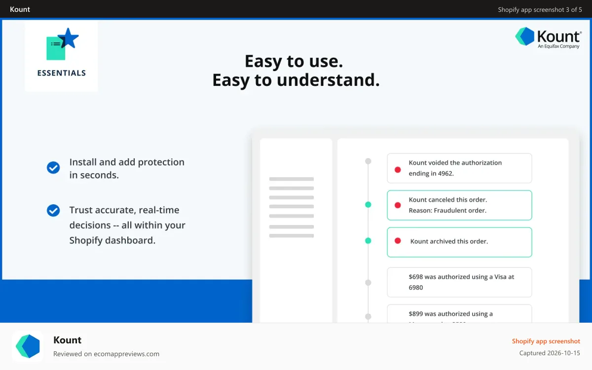Kount Shopify app screenshot: Digital fraud prevention for Shopify stores