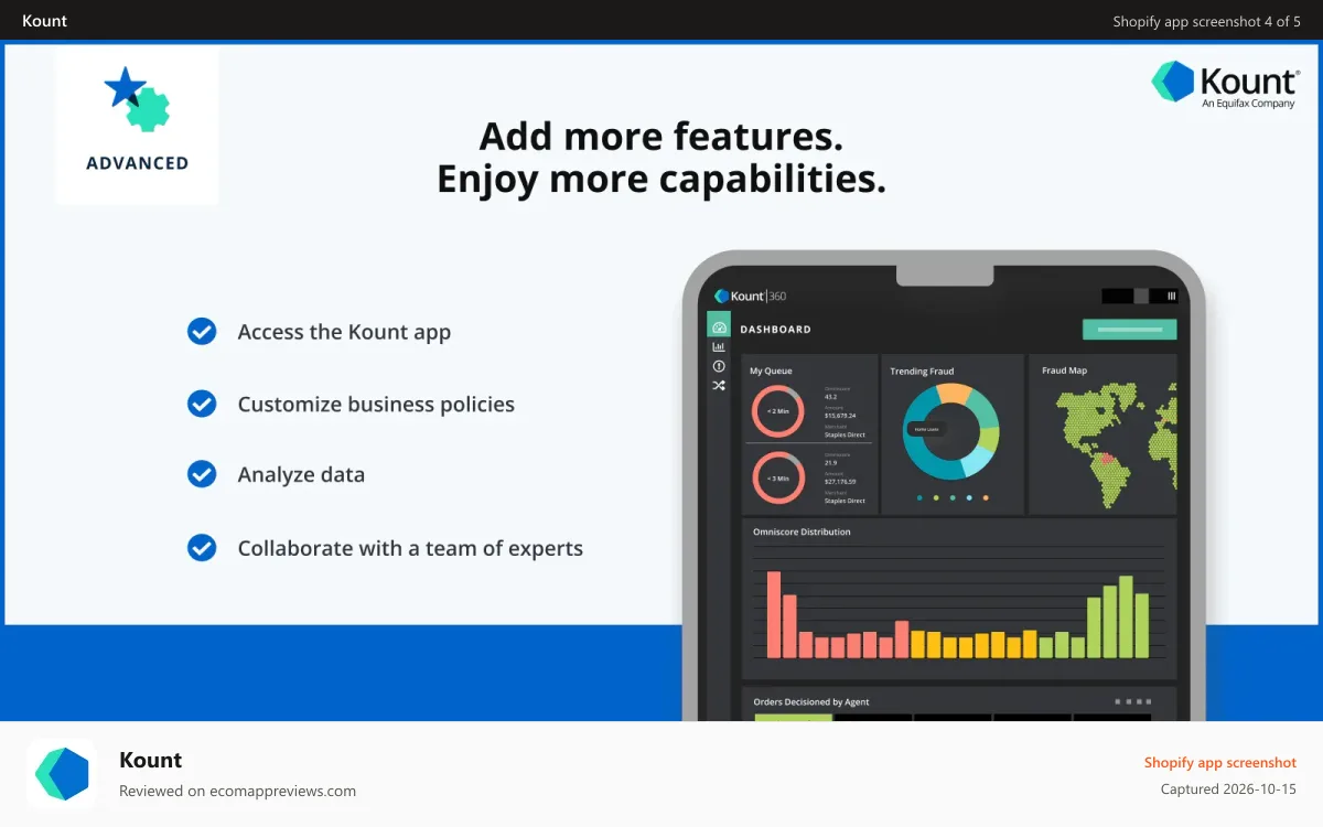 Kount Shopify app screenshot: Digital fraud prevention for Shopify stores