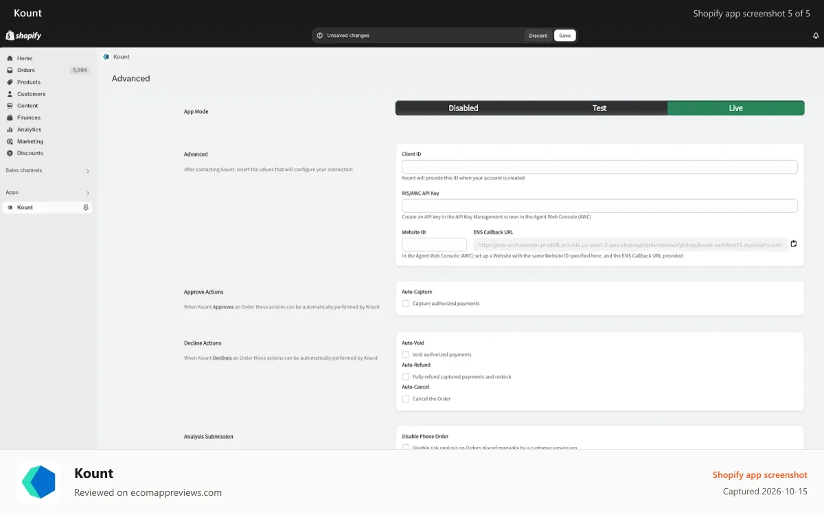 Kount Shopify app screenshot: Our app config page on the Shopify store admin panel.