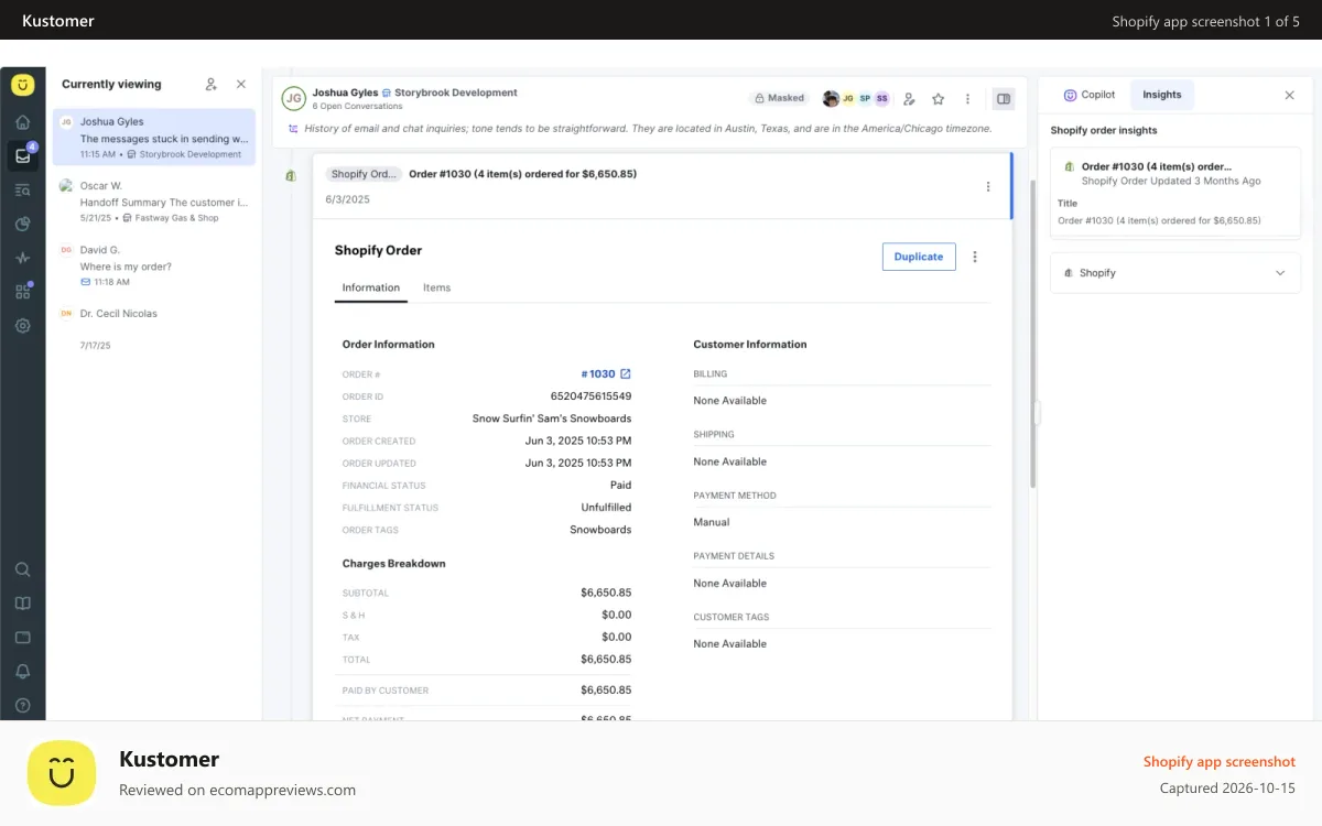 Kustomer Shopify app screenshot: Kustomer Platform | Shopify Orders