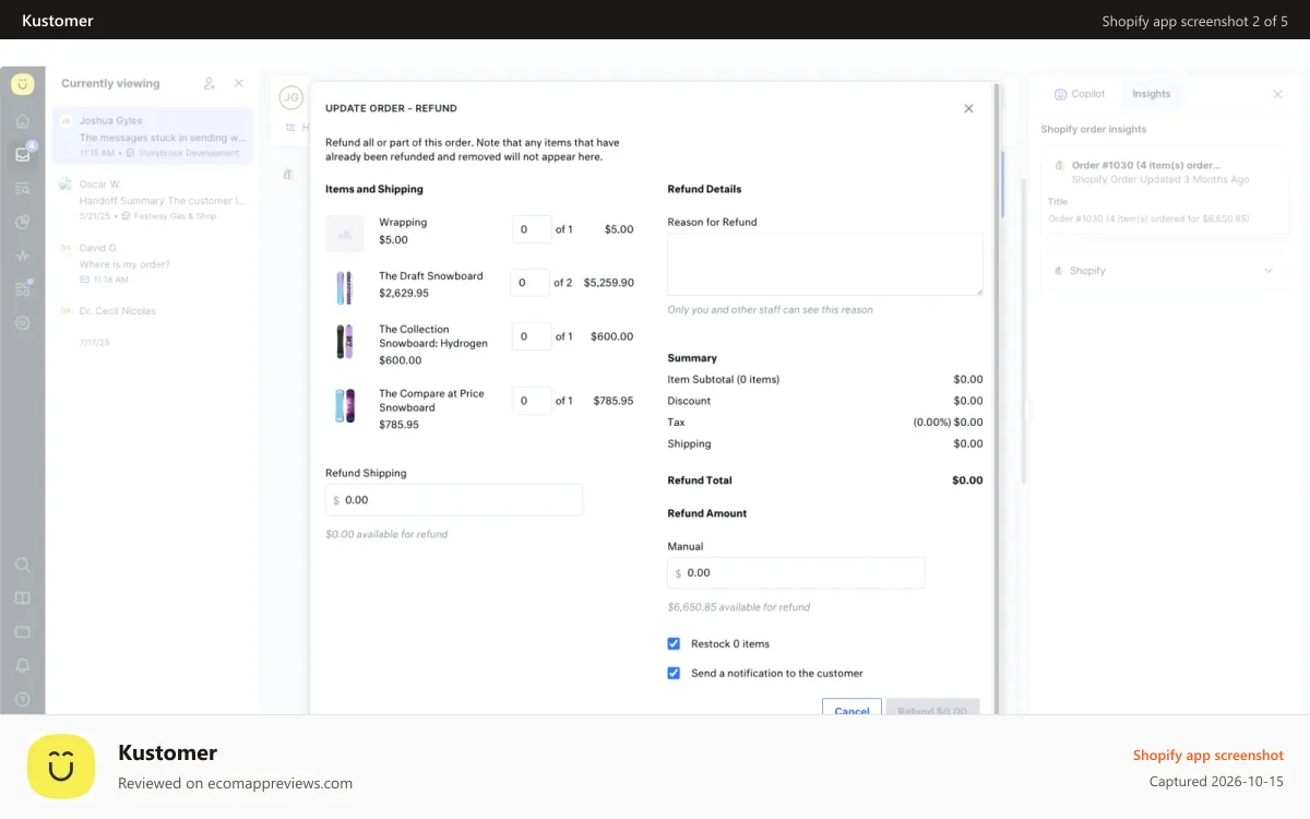 Kustomer Shopify app screenshot: Kustomer Platform | Edit Shopify Orders