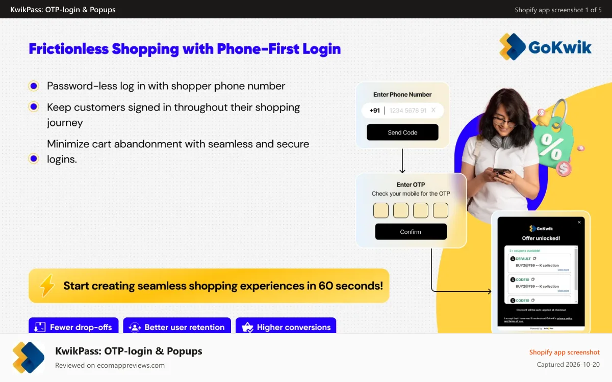 KwikPass: OTP‑login & Popups Shopify app screenshot: Install KwikPass and configure in 5 steps