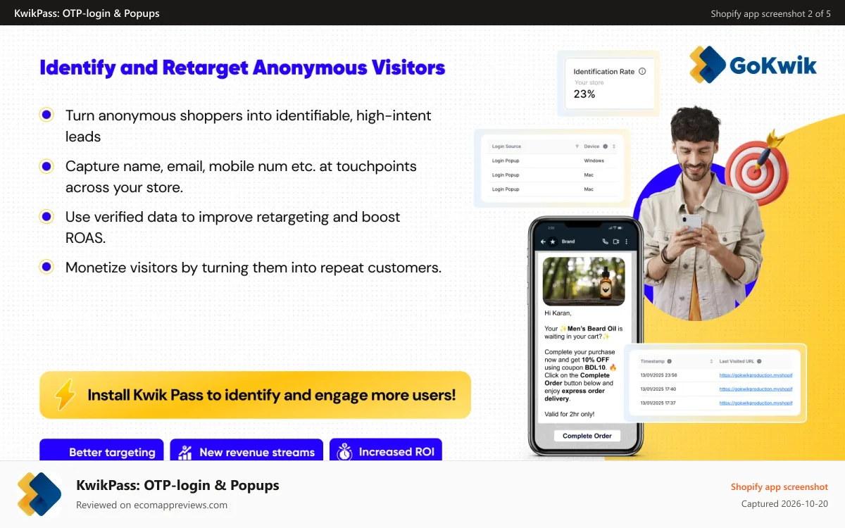 KwikPass: OTP‑login & Popups Shopify app screenshot: Use custom fields and retarget users