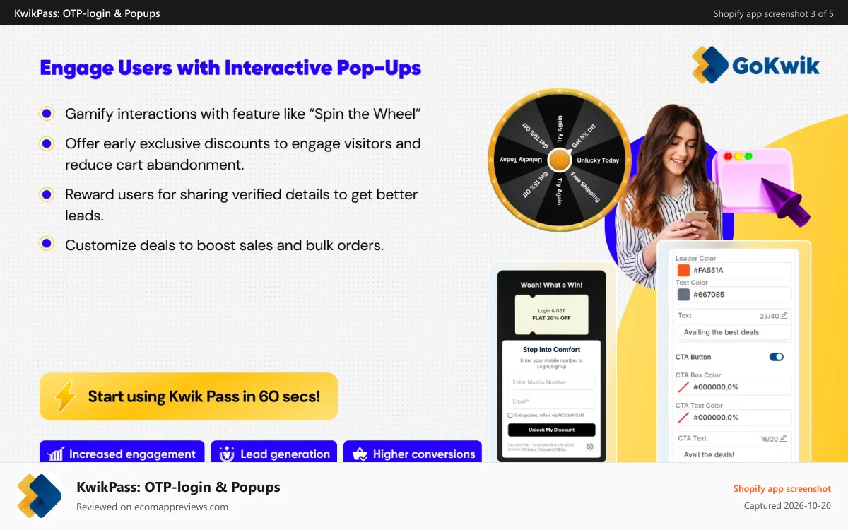 KwikPass: OTP‑login & Popups Shopify app screenshot: Capture user data with Spin the Wheel and retarget them