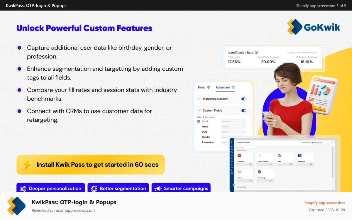 KwikPass: OTP‑login & Popups Shopify app screenshot: Use custom tags