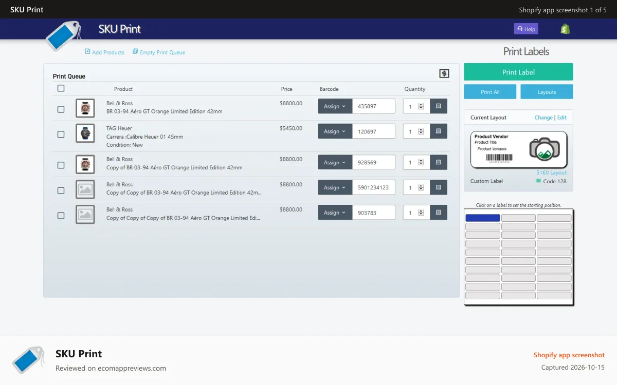 SKU Print Shopify app screenshot: Main Application