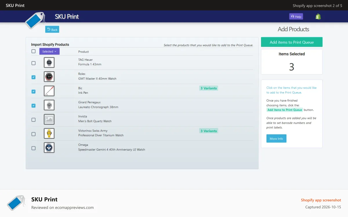 SKU Print Shopify app screenshot: Adding products to the Print Queue