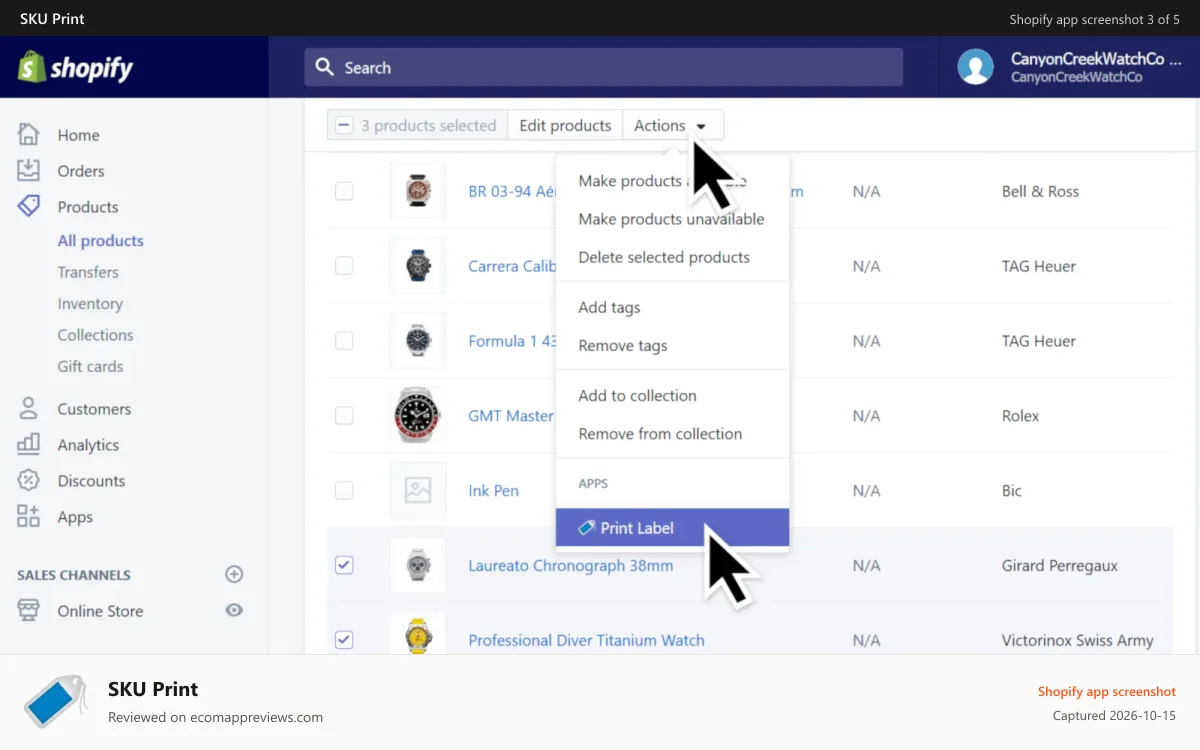 SKU Print Shopify app screenshot: Adding products from with Shopify