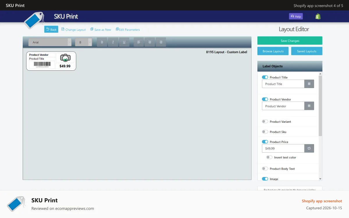 SKU Print Shopify app screenshot: Built-in layout editor