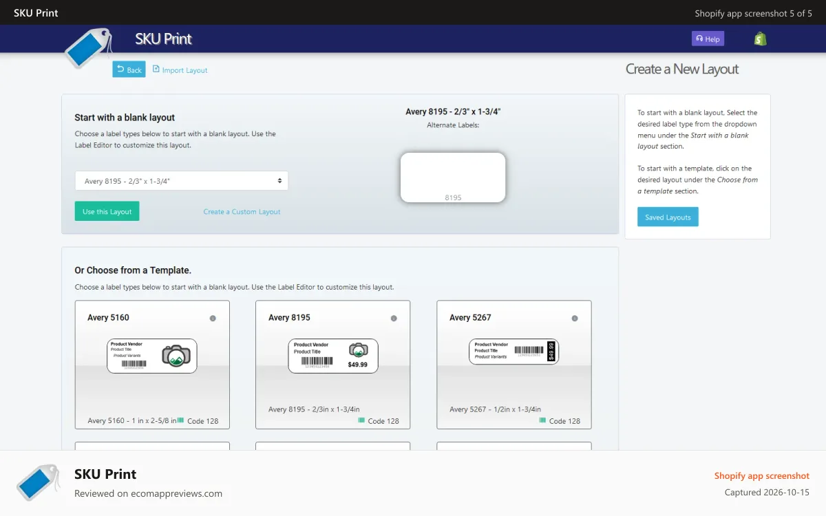 SKU Print Shopify app screenshot: Choose from a template, import your own layout, or start blank.