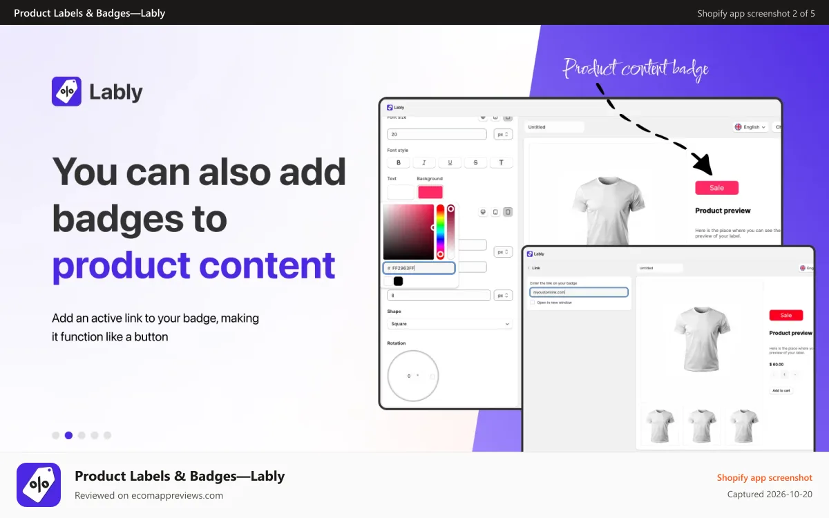 Product Labels & Badges—Lably Shopify app screenshot: You can also add badges to product content