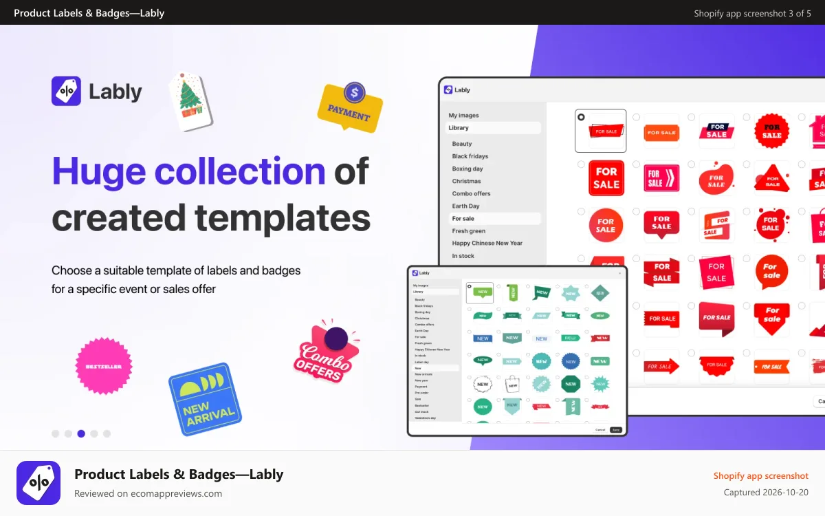 Product Labels & Badges—Lably Shopify app screenshot: Huge collection of created templates
