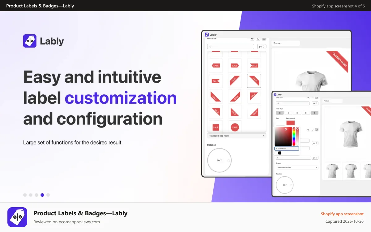 Product Labels & Badges—Lably Shopify app screenshot: Easy and intuitive label customization and configuration