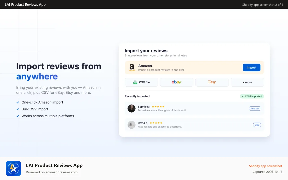 LAI Product Reviews App Shopify app screenshot: Import reviews from anywhere
