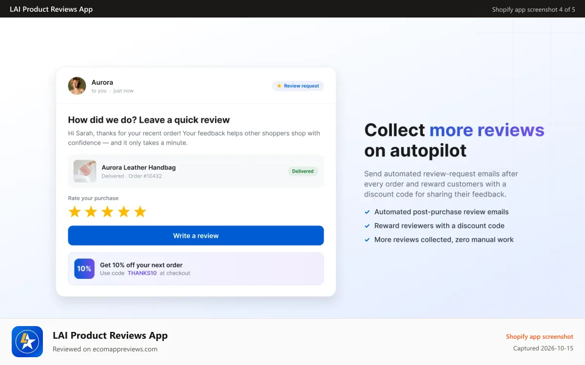 LAI Product Reviews App Shopify app screenshot: Review request emails