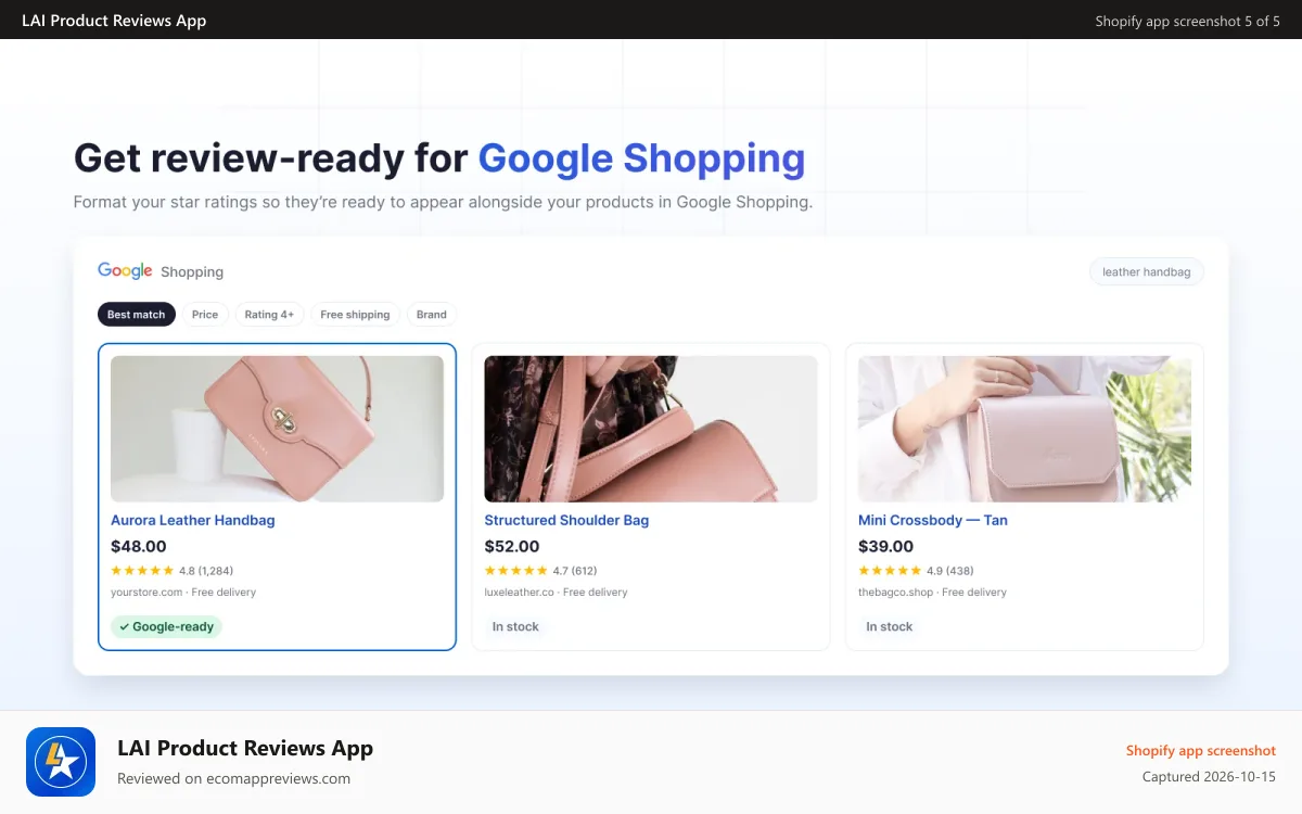 LAI Product Reviews App Shopify app screenshot: Get review-ready for Google Shopping