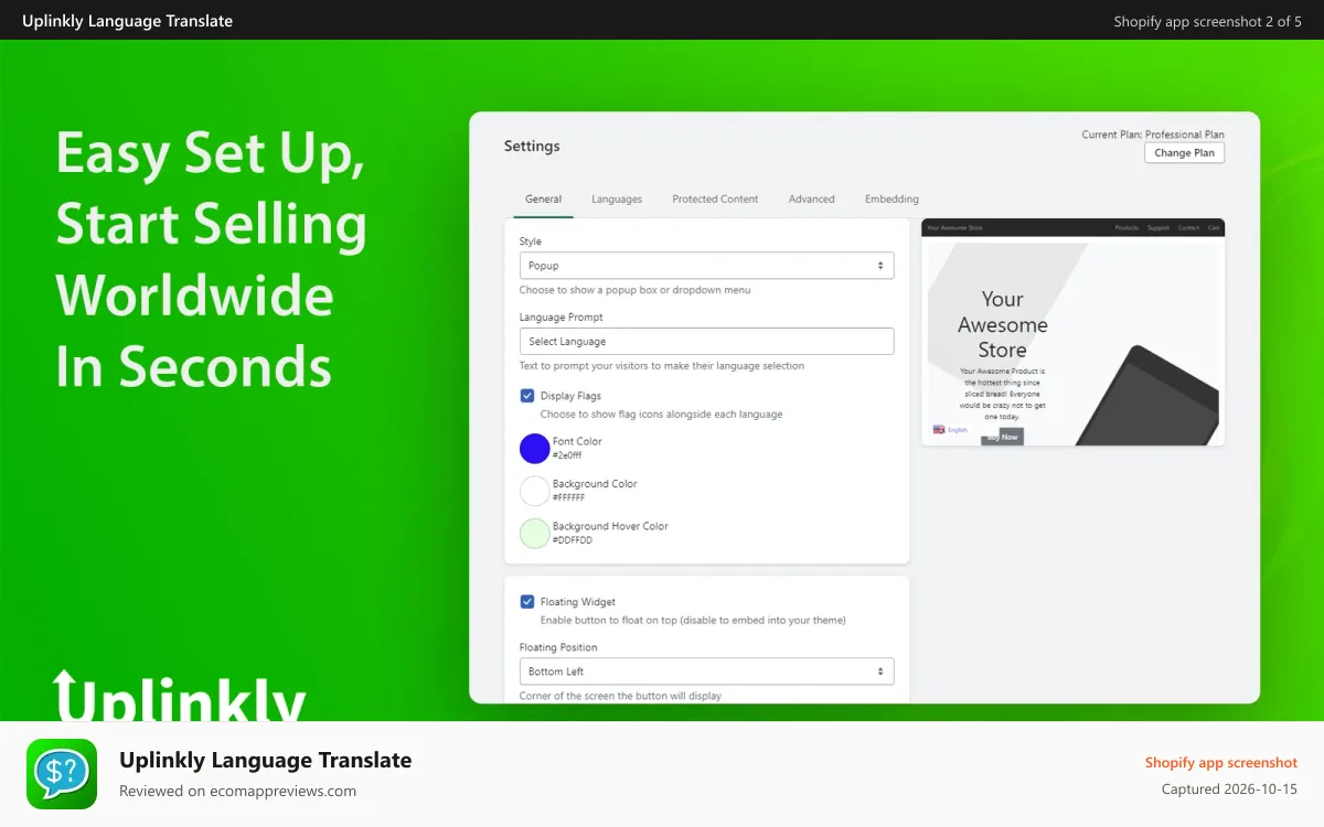 Uplinkly Language Translate Shopify app screenshot: Quick and Easy Set Up Display Options
