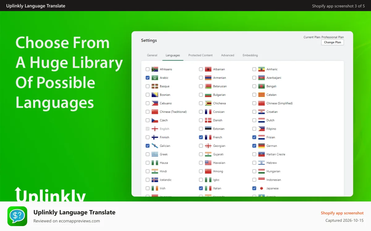 Uplinkly Language Translate Shopify app screenshot: Select enabled languages in one click