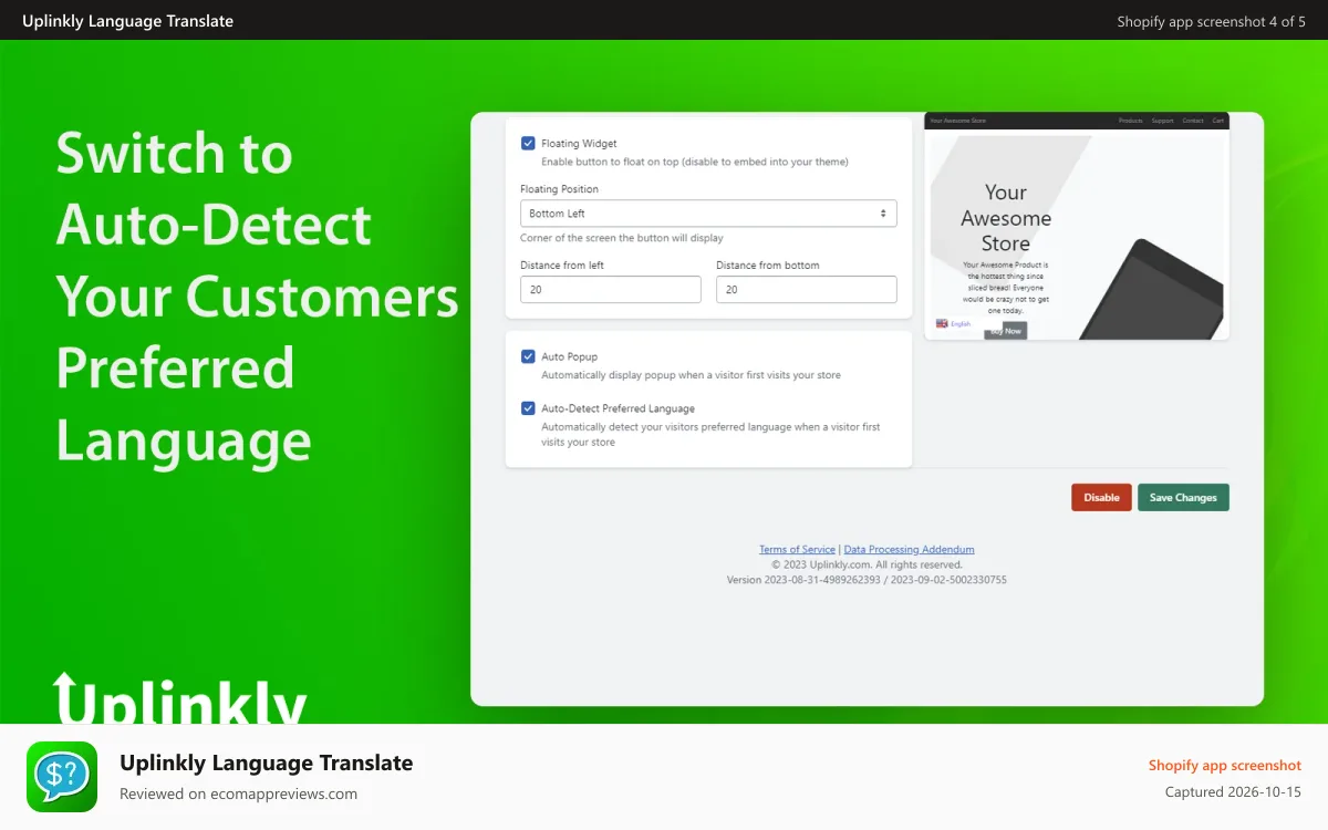 Uplinkly Language Translate Shopify app screenshot: Autodetect customer languages