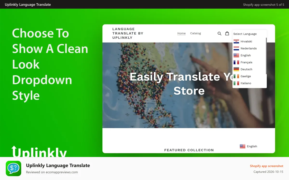 Uplinkly Language Translate Shopify app screenshot: Language Translate Dropdown Style