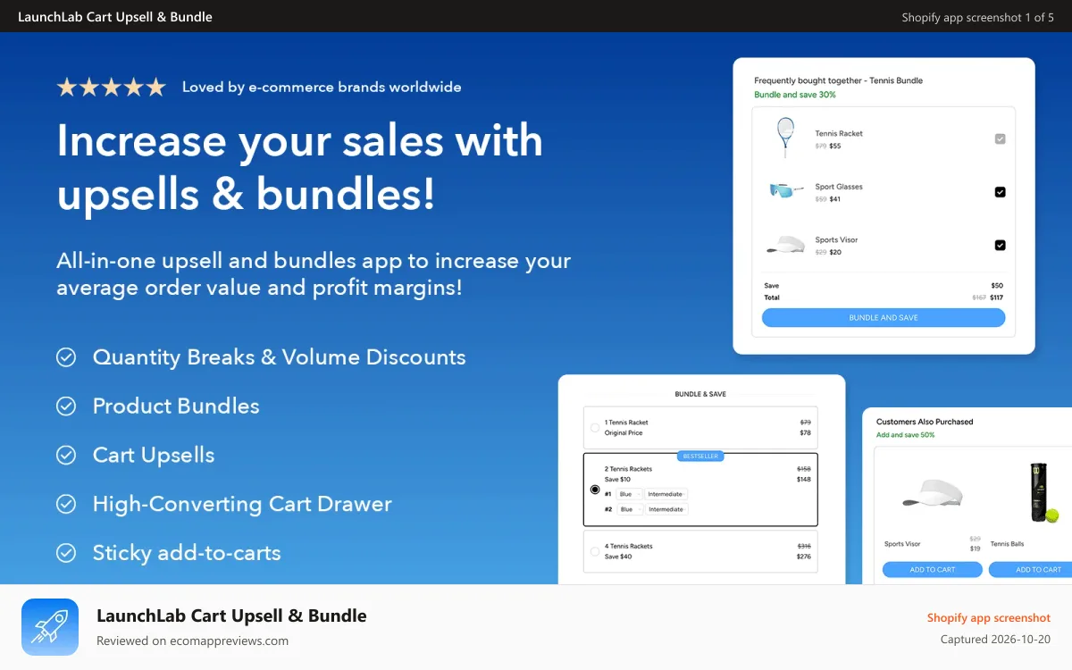 LaunchLab Cart Upsell & Bundle Shopify app screenshot: cart upsell, cart drawer upsell, cart upsells, volume discounts