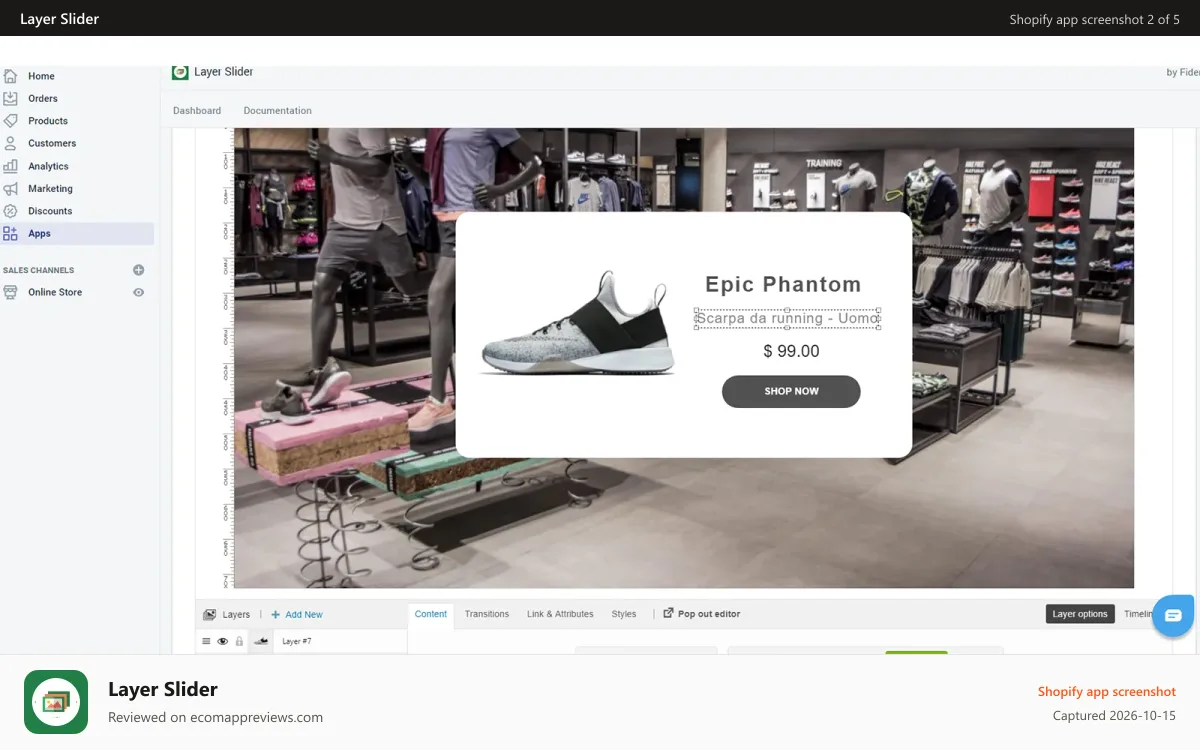 Layer Slider Shopify app screenshot: Slideshow (admin view)