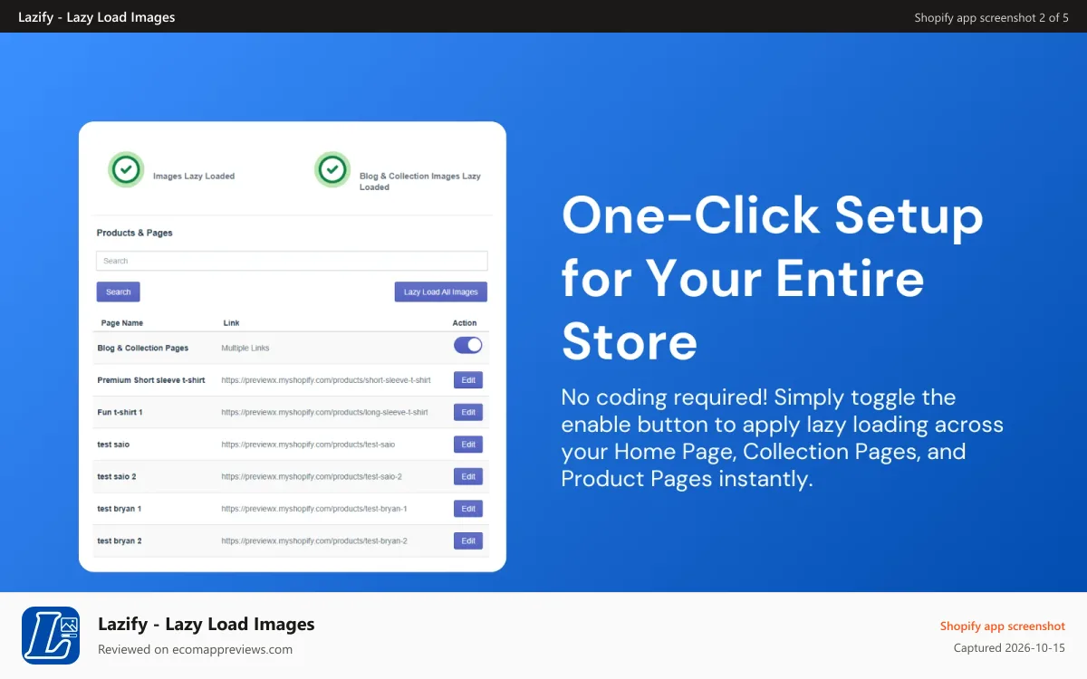 Lazify ‑ Lazy Load Images Shopify app screenshot: One-click setup for your entire store