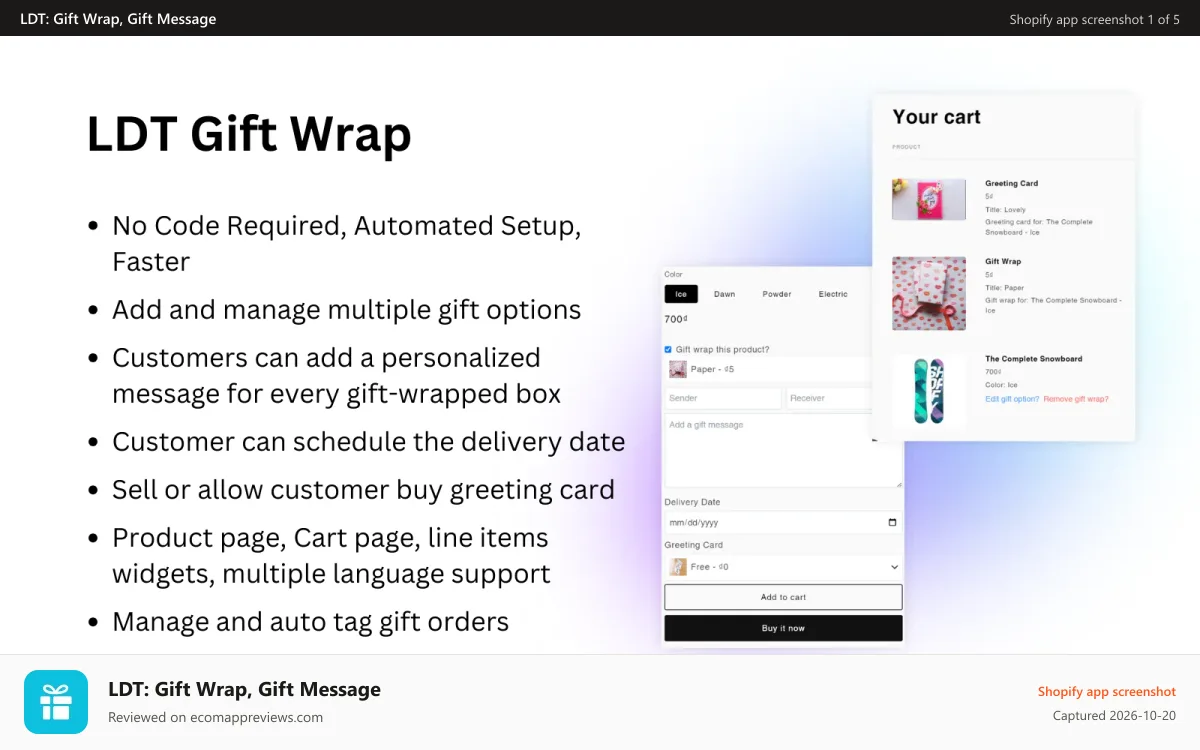 LDT: Gift Wrap, Gift Message Shopify app screenshot: LDT Gift Wrap Features