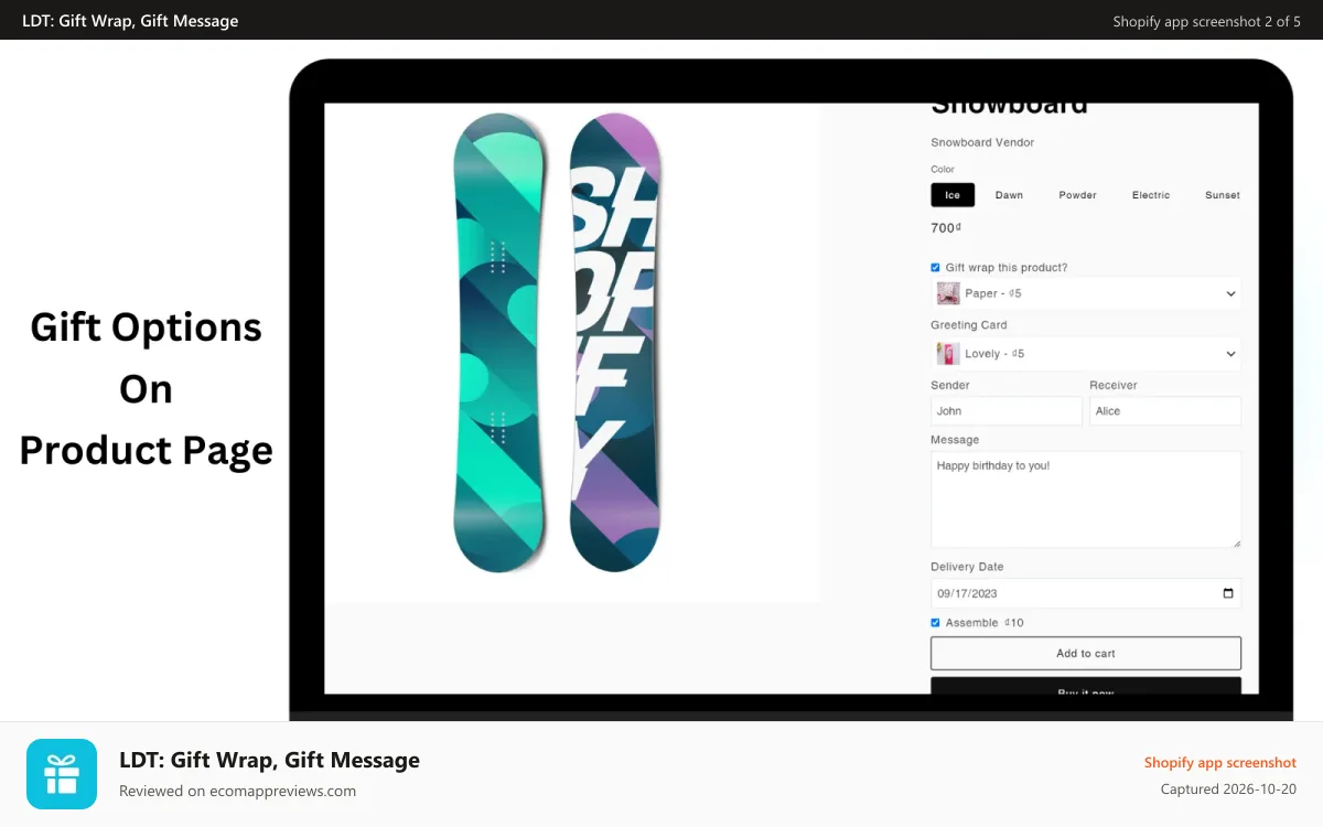 LDT: Gift Wrap, Gift Message Shopify app screenshot: Gift option on product page