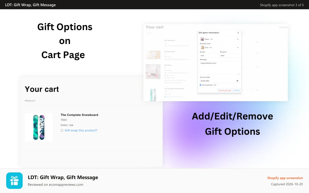 LDT: Gift Wrap, Gift Message Shopify app screenshot: Gift option on cart page